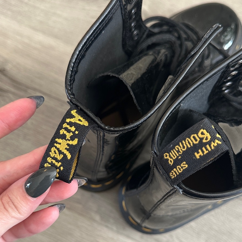 Dr. Martens Black Patent Lace-Up Boots with Yellow Stitching - Picture 4 of 5